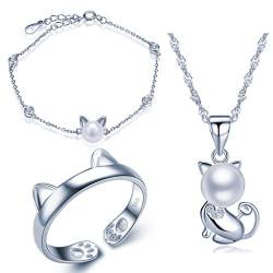 Yumilok Damen Halskette mit Katze Kätzchen Anhänger Damen Armkette Damen Ring Bandring Schmuck Sets Kette 8mm Perle Zirkonia 925 Sterling Silber für Damen Mädchen von Yumilok