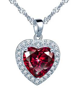 Yumilok Damen Halskette mit Red Granat Gemstone Herz Anhänger Kette 925 Sterling Silber Zirkonia Geschenk für Frauen Weihanchten von Yumilok