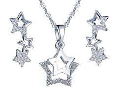 Yumilok Damen-Ohrstecker Halskette Kette mit Pentagram Stern Sternchen Mond Anhänger Zirkonia Ohrringe Creolen Schmucksets Geschenk für Frauen Mädchen Silber von Yumilok