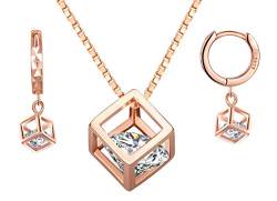 Yumilok Damen-Ohrstecker Halskette Kette mit Zauberwürfel Würfel Anhänger Zirkonia Solitär Ohrringe Creolen Schmucksets Geschenk für Frauen Mädchen Roségold von Yumilok