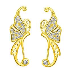 Yumilok Damen Ohrstecker Knorpel Schmuck Ohrklemme Ohrringe Ohrclip 925er Sterling Silber Schmetterling Mädchen-Ohrstecker Gold Zirkonia von Yumilok