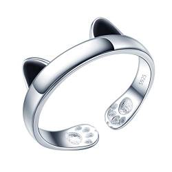 Yumilok Damenring schwarz Katze Ohr Pfotenabdruck Ring Ehering Verlobungsring Freundschaftsring Lifestyle-Ring 925 Sterling Silber verstellbar von Yumilok