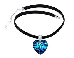 Yumilok Frauen Damen Mädchen Choker Kette 925 Sterling Silber Halskette Herz des Ozeans Blau Kristall Zirkonia Anhänger von Yumilok