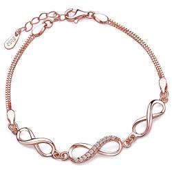 Yumilok Roségold 3 Infinity Unendlichkeit Symbole 925 Sterling Silber Zirkonia Charm-Armband Armkette Armschmuck für Damen Mädchen, 6.3-7.5" Verstellbar (Rosegold) von Yumilok