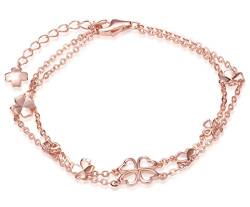 Yumilok Roségold 925 Sterling Silber Glückbringer Vierblättrige Kleeblatts Charm-Armband Armkette Doppelketten für Damen Mädchen, 6.7-7.7" Verstellbar von Yumilok