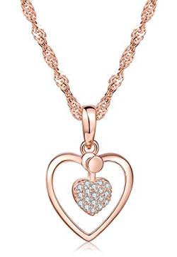 Yumilok Roségold 925 Sterling Silber Zirkonia Doppel Herzen Anhänger Halskette Kette mit Anhänger Herzkette für Damen Mädchen von Yumilok