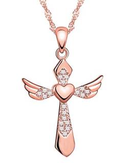 Yumilok Roségold 925 Sterling Silber Zirkonia Herz Engelsflügel Kreuz Anhänger Halskette Kette mit Anhänger Kreuzkette für Damen Mädchen von Yumilok