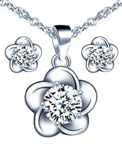 Yumilok Schmuckset Damen Halskette Ohrringe Kette Set 925 Sterling Silber Blumen Zirkonia Geschenk für Mama Frau Freundin von Yumilok