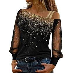 Oberteile Damen Langarm Glitzer Pullover Damen One Shoulder Shirt Damen One Shoulder Rundhals Einfarbig Mesh-Oberteile Frauen Party Oberteil von Yumimi