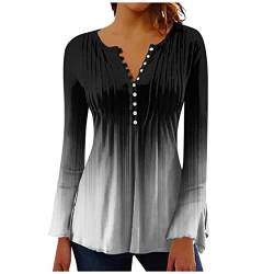 Bluse Damen Elegant， V-Ausschnitt Blumen Bedruckt Knopfleiste Langarmshirt A Linien Plissiertes Langarm T Shirt Slim Sommer Oberteile Casual Tunika Tops Boho Tops Ethnic Oversize Bluse von YunYoud