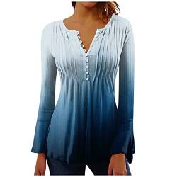 Bluse Damen Elegant， V-Ausschnitt Blumen Bedruckt Knopfleiste Langarmshirt A Linien Plissiertes Langarm T Shirt Slim Sommer Oberteile Casual Tunika Tops Boho Tops Ethnic Oversize Bluse von YunYoud