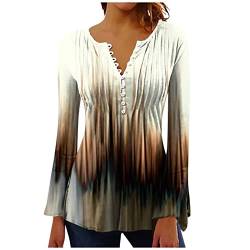 Bluse Damen Elegant， V-Ausschnitt Blumen Bedruckt Knopfleiste Langarmshirt A Linien Plissiertes Langarm T Shirt Slim Sommer Oberteile Casual Tunika Tops Boho Tops Ethnic Oversize Bluse von YunYoud