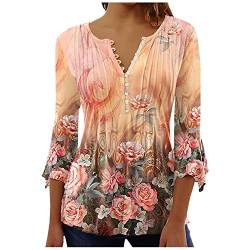 YunYoud Bluse Damen Elegant， V-Ausschnitt Blumen Bedruckt Knopfleiste Langarmshirt A Linien Plissiertes Langarm T Shirt Slim Sommer Oberteile Casual Tunika Tops Boho Tops Ethnic Oversize Bluse von YunYoud