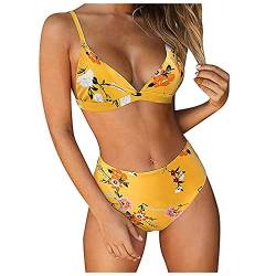 YunYoud Damen Bikini Set Wickeloptik Lace Up Bikini Bademode Blumenmuster Zweiteiliger Badeanzug Swimsuit High Waist Halfter Vintage Bikini Set Damen Strand von YunYoud