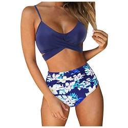 YunYoud Damen Hoch tailliert Saitenkreuz Blumen Bedruckt Badeanzug Bauchweg Push Up Cross Back Bademode Bikini Set Damen High Waist Sportlich Schwimmanzug von YunYoud