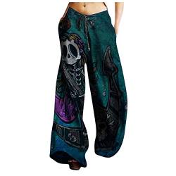 YunYoud Haremshose Damen Lockere Totenkopf Drucken Sommerhose 7/8 Freizeithose Boho Pumphose Elastischer Bund Jogginghose mit Weitem Bein Halloween Hosen Herbst Hose Yogahose von YunYoud