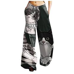 YunYoud Haremshose Damen Lockere Totenkopf Drucken Sommerhose 7/8 Freizeithose Boho Pumphose Elastischer Bund Jogginghose mit Weitem Bein Halloween Hosen Herbst Hose Yogahose von YunYoud