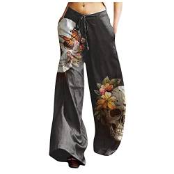 YunYoud Haremshose Damen Lockere Totenkopf Drucken Sommerhose 7/8 Freizeithose Boho Pumphose Elastischer Bund Jogginghose mit Weitem Bein Halloween Hosen Herbst Hose Yogahose von YunYoud