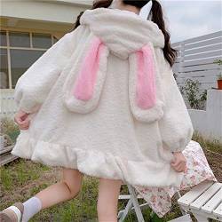 Yunbai Lolita Kleid Japanischer Stil Herbst Winter Frauen Süße Warme Jacke Kawaii Weiche Lammwolle Rüschen Kaninchenohren Kapuzenmäntel Mädchen Parkas Outwear (Color : White, Size : Large) von Yunbai