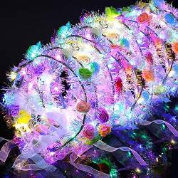 64 Stück beleuchtete Blumen-Stirnbänder, mehrfarbige LED-Haarkrone, Girlanden, Blumenmädchen-Kopfschmuck, leuchtendes Tiara, leuchtender Blumenkranz, Blumen-Kopfschmuck für Frauen, Festival, von Yunsailing