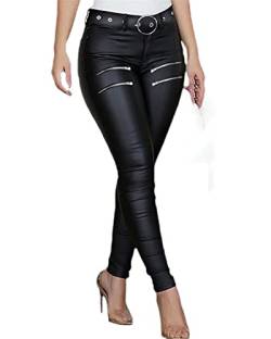 Damen-Hose mit Reißverschluss, hohe Taille, schmale PU-Hose, Schwarz , L von Yuntanu