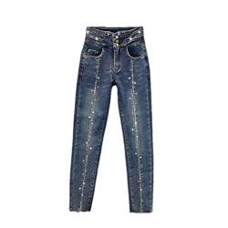 Damen Hot Strass Jeans High Waist Stretch Skinny Denim Hose, dunkelblau, XX-Large von Yuntanu
