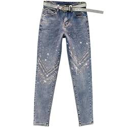 Damen Hot Strass Stretch Skinny Jeans Casual High Waist Bauchweg Denim Cropped Hose, Ohne Gürtel, X-Groß von Yuntanu