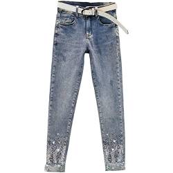Yuntanu Damen Skinny Jeans mit Pailletten, Strass, hohe Taille, schmale Passform, Stretch, Bleistift, Cropped Denim-Hose, Ohne Gürtel, Groß von Yuntanu