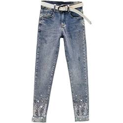 Yuntanu Damen Skinny Jeans mit Pailletten, Strass, hohe Taille, schmale Passform, Stretch, Bleistift, Cropped Denim-Hose, Ohne Gürtel, X-Groß von Yuntanu