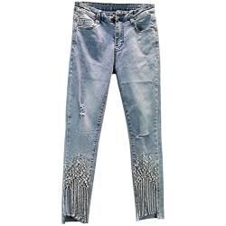 Yuntanu Dünne Cropped Jeans für Damen, Stretch, schmale Taille, Denim-Hose, Femme mit Strass und Quaste, Skinny Hose, blau, Mittel von Yuntanu