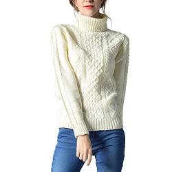 Yunyahe Rollkragenpullover Damen Strickpullover Damen Einfarbiger Strickpullover mit Rollkragen für Damen, langärmliger Zopfmuster-Pullover mit Blumenmuster Open Sweater (White, S) von Yunyahe