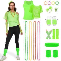 YushengTai 80er 90er Jahre Outfit Damen, 80er 90er Jahre Accessoires, Rave Outfit Damen, Neonoberteil, Halskette, Armband, Ohrringe, Netzhandschuhe Neon Party Outfit, M (Grün) von YushengTai