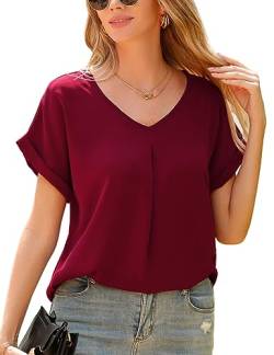 Yuson Girl Bluse Damen V-Ausschnitt Kurzarm Elegant Chiffon Bluse Einfarbig Oberteile Hemd Lässige Shirt Kurzarm Tops Tunika Damen Sommer Casual Musselin Bluse Damen Hemd(Burgundisch, L) von Yuson Girl