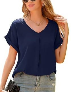 Yuson Girl Bluse Damen V-Ausschnitt Kurzarm Elegant Chiffon Bluse Einfarbig Oberteile Hemd Lässige Shirt Kurzarm Tops Tunika Damen Sommer Casual Musselin Bluse Damen Hemd(Navy, L) von Yuson Girl