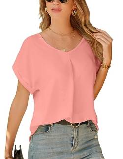 Yuson Girl Bluse Damen V-Ausschnitt Kurzarm Elegant Chiffon Bluse Einfarbig Oberteile Hemd Lässige Shirt Kurzarm Tops Tunika Damen Sommer Casual Musselin Bluse Damen Hemd(Rosa, M) von Yuson Girl