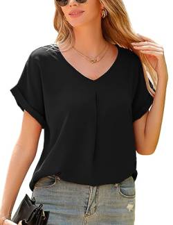 Yuson Girl Bluse Damen V-Ausschnitt Kurzarm Elegant Chiffon Bluse Einfarbig Oberteile Hemd Lässige Shirt Kurzarm Tops Tunika Damen Sommer Casual Musselin Bluse Damen Hemd(Schwarz, M) von Yuson Girl