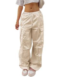 Yuson Girl Cargohose Damen Baggy -Y2K Track Pants Hip Hop Parachute Pants Low-Taille Streetwear Vintage Lang Freizeithose Weite Fallschirm Hose 90er mit Taschen, Kordelzug(Aprikose-2, S) von Yuson Girl