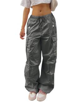 Yuson Girl Cargohose Damen Baggy -Y2K Track Pants Hip Hop Parachute Pants Low-Taille Streetwear Vintage Lang Freizeithose Weite Fallschirm Hose 90er mit Taschen, Kordelzug(Grau-2, L) von Yuson Girl