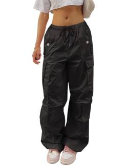 Yuson Girl Cargohose Damen Baggy -Y2K Track Pants Hip Hop Parachute Pants Low-Taille Streetwear Vintage Lang Freizeithose Weite Fallschirm Hose 90er mit Taschen, Kordelzug(Schwarz-2, S) von Yuson Girl