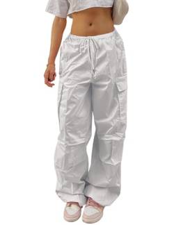 Yuson Girl Cargohose Damen Baggy -Y2K Track Pants Hip Hop Parachute Pants Low-Taille Streetwear Vintage Lang Freizeithose Weite Fallschirm Hose 90er mit Taschen, Kordelzug(Weiß-2, S) von Yuson Girl