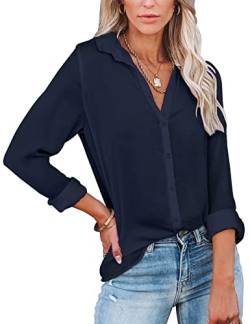 Yuson Girl Damen Bluse V-Ausschnitt Hemd Langarm Elegant Casual Lässige Oberteile Einfarbig Langarmshirt Revers Hemdbluse mit Knöpfen Tops(Dunkelblau, M) von Yuson Girl