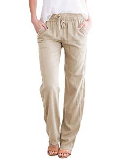 Yuson Girl Damen Freizeit Hose,Sommerhose mit Kordelzug und Taschen,Elegant Baumwolle Leinenhose,Casual Einfarbig Freizeithose für Reisen Casual Daily Outing(Khaki, XL) von Yuson Girl