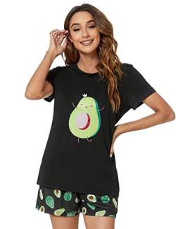 Yuson Girl Damen Pyjamas Zweiteiliger Schlafanzug Bequem Stilvoll Avocado Katzen Bananen Druck Cartoon gedruckt Nachtwäsche (A, M) von Yuson Girl