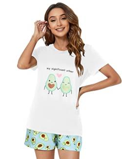 Yuson Girl Damen Pyjamas Zweiteiliger Schlafanzug Bequem Stilvoll Avocado Katzen Bananen Druck Cartoon gedruckt Nachtwäsche (B, M) von Yuson Girl