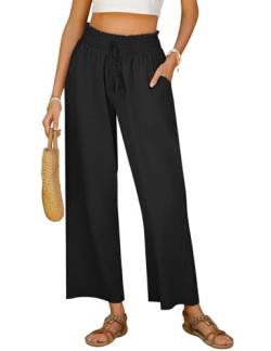 Yuson Girl Damen Sommerhose, Leicht Freizeithose Frauen, Leinenhose Damen Casual,Elegant Baumwolle Hose, Hohe Taille Pants,Lange Lose Strandhosen mit Kordelzug und Taschen(Schwarz, XL) von Yuson Girl