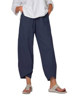 Yuson Girl Damen Sommerhose, Leinenhose Damen Sommer 7/8, Freizeithose Stoffhose, Capris Hose Baumwolle Lässig Hose, High Waist Yogahose, Elastische Taille Leinen Hosen Mit Taschen(Marineblau, L) von Yuson Girl