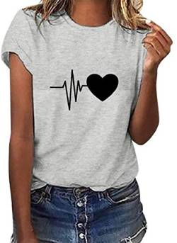 Yuson Girl Damen T-Shirt Herz Druck Shirt Rundhals Kurzarm Oberteile Hemd Tops Bluse Sommer Grafik Drucken Oberteile Tee Tops Cool Herzförmig(Grau, L) von Yuson Girl