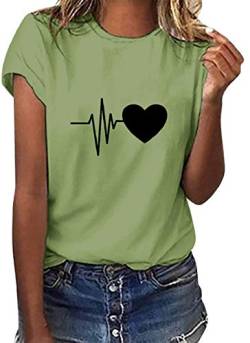 Yuson Girl Damen T-Shirt Herz Druck Shirt Rundhals Kurzarm Oberteile Hemd Tops Bluse Sommer Grafik Drucken Oberteile Tee Tops Cool Herzförmig(Grün, S) von Yuson Girl