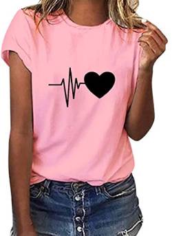 Yuson Girl Damen T-Shirt Herz Druck Shirt Rundhals Kurzarm Oberteile Hemd Tops Bluse Sommer Grafik Drucken Oberteile Tee Tops Cool Herzförmig(Rosa, M) von Yuson Girl