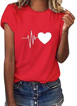 Yuson Girl Damen T-Shirt Herz Druck Shirt Rundhals Kurzarm Oberteile Hemd Tops Bluse Sommer Grafik Drucken Oberteile Tee Tops Cool Herzförmig(Rot, XL) von Yuson Girl